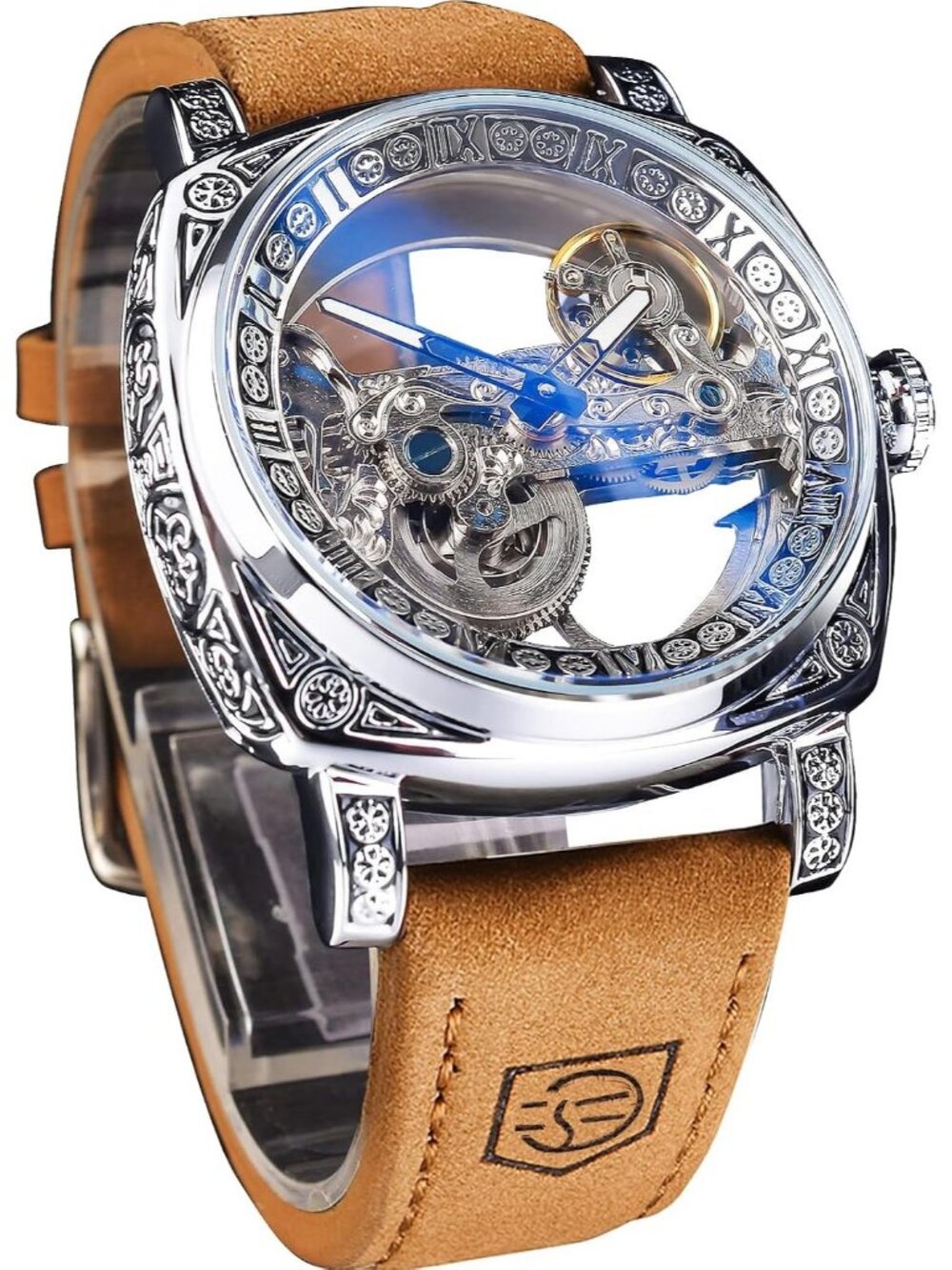 Men's Silver Brown Retro Totem Double Sided Hollow Skeleton Luxury Square Watch